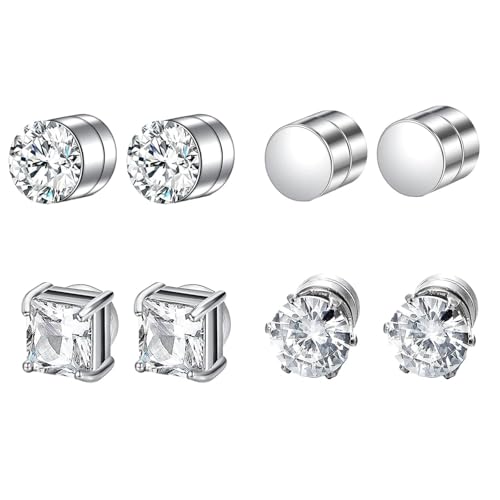 JOOTUEPO 4 Pares Pendientes Magnéticos, Sin Necesidad de Perforar, Pendientes Iman Hombre, 6 mm Pendiente Hombre Plata Diamante, Pendiente de Imán para Hombres y Mujers