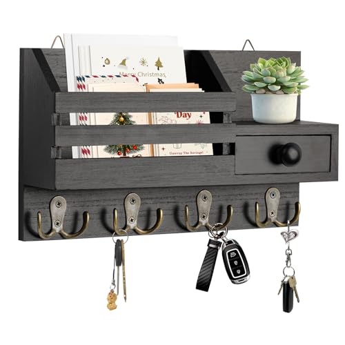 HOMEBROS Key Holder Wall Mount, Wooden Adhesive Mail and Key Organizer with Drawer, Small Shelf, 8 Hooks, 2 Installation Methods, Black by HOMEBROS - Used condition - US$18.60