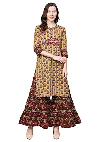 Image of Yash Gallery Women's Cotton Floral Printed Straight Kurta Sharara Set for Women