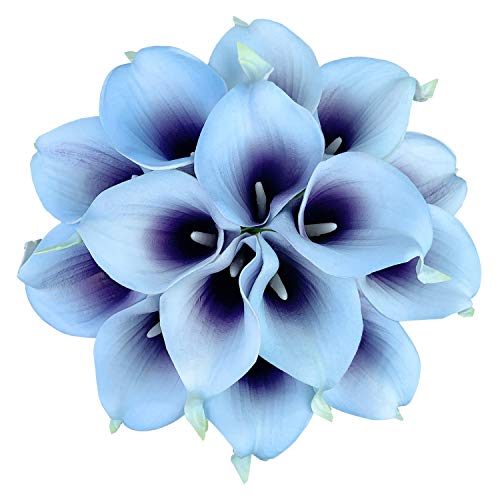 HUAHUASHIJIE Lot de 15 lys calla artificiels au toucher réaliste pour bouquet de mariage, décoration d'intérieur (bleu artique et violet prune) Cover