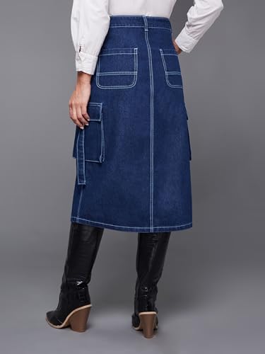 Image of Miss Chase Women's Straight High Rise Midi Denim Skirt (MCAW25DEN62-73-982-34, Desert Blue, 34)