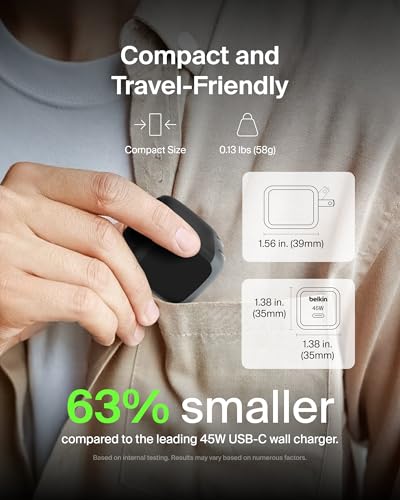 Image of Belkin Compact Wall Charger 45W, USB-C Power Delivery Fast Charging for Apple iPhone 16, 15, 14, 13, Plus, Pro, Pro Max, Samsung Galaxy S25, Galaxy S24, Pixel 9, MacBook, iPad, AirPods, & More - Black