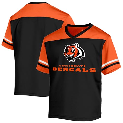 NFL Kids Youth 8-20 Officially Licensed Team Color Wordmark Primary Logo Victory Stripe V-Neck Jersey T-Shirt (Cincinnati Bengals Black 10-12)