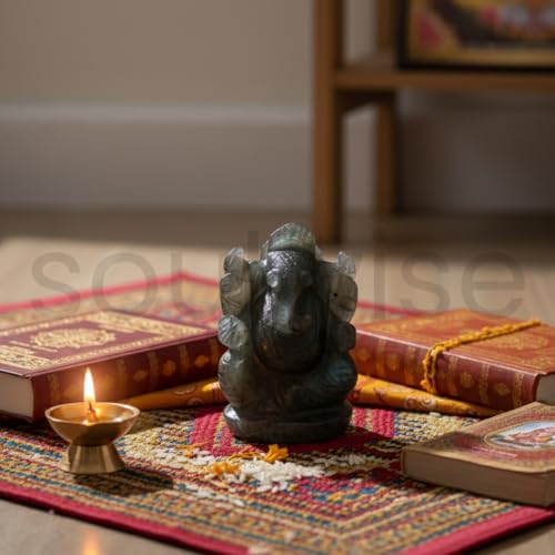 Image of Soulwise Labradorite Ganesha Vighnaharta Statue 2 inch - Obstacle Remover Protection & Manifestation Crystal Manifest Success & Remove Blockages.