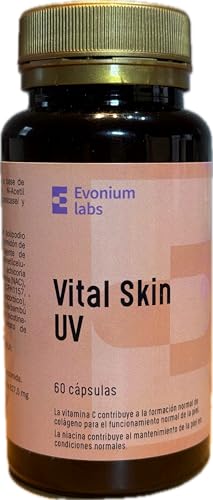 Vital Skin UV de Evonium Labs (60 cápsulas) - Protector solar (UVA, UVB y luz azul) oral con probióticos, polypodium leucotomos, Vitamina C, E, Niacina. Mejora y prolonga el bronceado