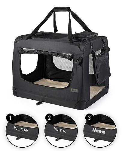 lionto Hundetransportbox faltbar für Reise & Auto, 50x34x36 cm, stabile Transportbox mit Griffen & Decke für Katzen & Hunde bis 10 kg, Hundebox aus Stoff für klein & groß, schwarz (Namensaufdruck)