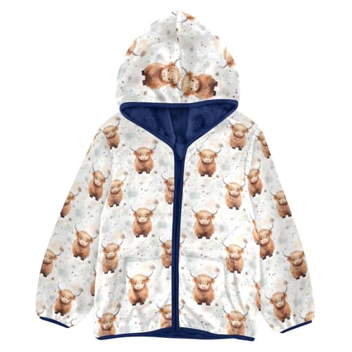 Cute Highland Cow Pattern Boys Fleece Coat,Children's Zip-Up Hoodie Jacket,Baby Warm Fashion Outerwear 3-10T,A113321