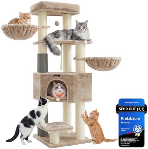 Feandrea Kratzbaum, 11,1 cm Dicke Stämme, 2 Katzenbürsten, 50 x 50 x 160 cm | Katzenbaum, mit selbstwärmenden Decken, große Plattformen, Höhle, Kamelbraun, CLAWFY Kollektion PCT003