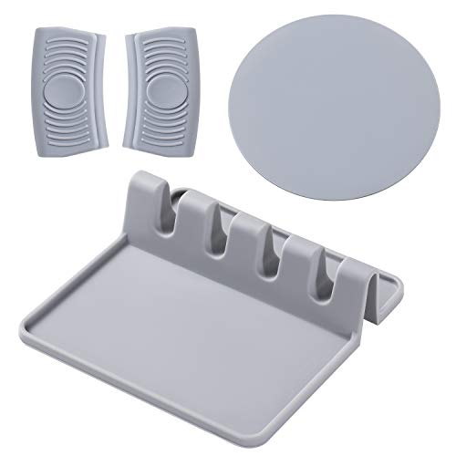 Silicone Utensil Rest Set - 4 Slots Spoon Rest with Drip Pad for Multiple Utensils, Heat Resistant Pot Holders, Multi-Purpose Silicone Trivets Mat, Grey
