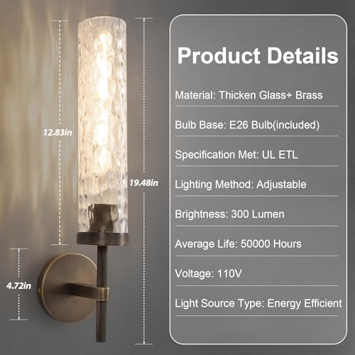 Image of Bronze Wall Sconces, 19.5 inch Brushed Brass Knurled Bathroom Wall Sconces with Water Ripple Glass Shade, Dimmable Indoor Vanity Wall Light Fixtures for Living Room Hallway Bedroom Staircase