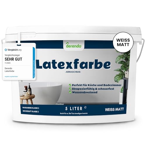 derendo Latexfarbe weiß matt abwaschbar 5L für Innen Küche Badezimmer streichen weiße Wandfarbe hohe Deckkraft