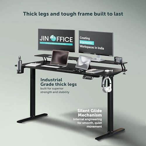 Image of JIN OFFICE Ascend Electric Height Adjustable Desk with Monitor Riser| Standing Desk with Cup Holder | 3 Year Warranty,80 KG Wt. Cap, Memory Presets| Sit Stand Ergonomic Desk 1400 * 600mm Black Top
