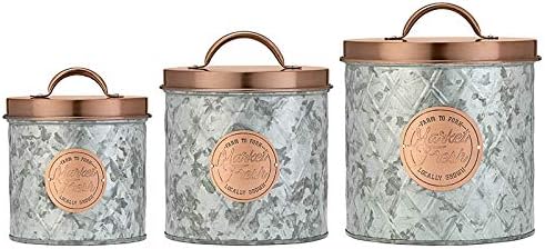 Amici Home Bristol Metal Canister | 3-Pc Set | Food Storage Containers with Lids | Canisters for Kitchen Counter | Galvanized Metal/Copper Lid (52 Oz, 84 Oz, & 104 Oz)