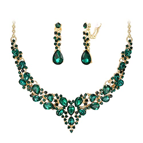 BriLove Alloy Crystal Teardrop Cluster Statement Necklace Clip-on Earrings Set