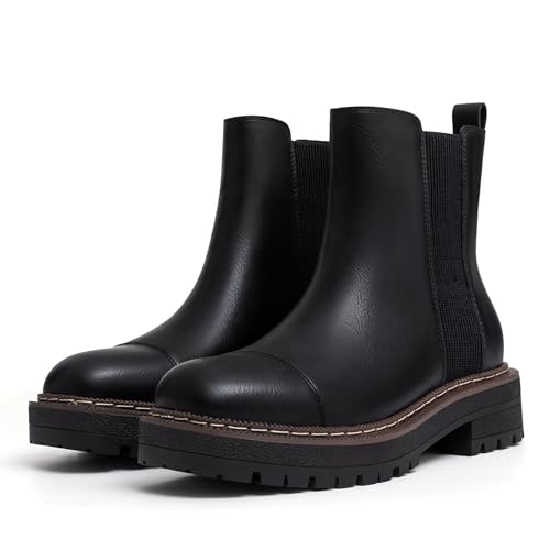 Athlefit Women's Chelsea Boots Platform Chunky Heel Slip On Elastic Lug Sole Ankle Booties3