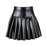 Freebily Damen Rock Wetlook A-Linie Faltenrock Schuluniform PU Leder Hohe Taille Plissee Minirock Mini Skater Rock Party Clubwear Schwarz_B XXL