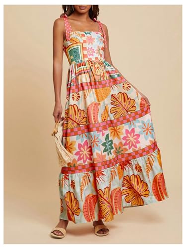 Image of WDIRARA Women's Boho Floral Sleeveless Ruffle Maxi Dress Tropical Graphic Tie Shoulder Smocked Cami Dresses