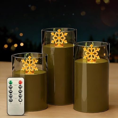 Image of L LOHAS LED Electronic Candle Night Lights with Remote | 3-Pack Snowflake LED Flameless Candles Battery Operated Flickering Night Light 5 Brightness Levels & Timer Holiday Home Decor