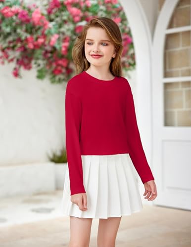 Image of Arshiner Girls Crop Tops Long Sleeve Shirts Drop Shoulder Crewneck Casual Fashion T Shirts Tee