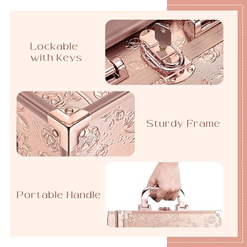 FRENESSA Makeup Train Case 11.8 Inch Extra Large Makeup Organizer Case 3 Trays with Mirror Cosmetic Travel Storage Box for Makeup Artist Nail Art Tech Sewing Supplies Travel Case Rose Gold Floral - Thumbnail 3