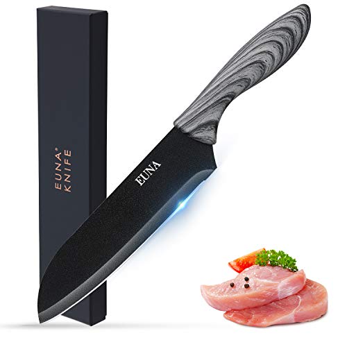 EUNA 7 Inch Santoku Knife Ultra Sharp Japanese Chefs Knife with Sheath & Gift Box Kitchen Knives for Multipurpose Cooking Professional with Ergonomic Handle of Grey Wooden Texture