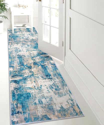 KOZYFLY Modern Abstract Rug Runner, 2x8, Blue, Low Pile, Machine Washable, Non-Slip, Recycled Fiber, Area Rug for Hallway, Kitchen, Bathroom, Bedroom