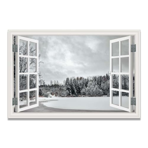 Ventana falsa de paisaje natural con nieve, cuadro de lienzo decorativo de 30x45cm