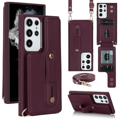 JUNENTER �N���X�{�f�B�E�H���b�g�P�[�X Samsung Galaxy S24 Ultra/S24 Plus/S24 �p�A�~�j�}���X�g PU ���U�[�P�[�X�A�J�[�h�X���b�g�V�����_�[�X�g���b�v�A���C�N���X�v�A�L�b�N�X�^���h�n���h�X�g���b�v�t���A�p�[�v��