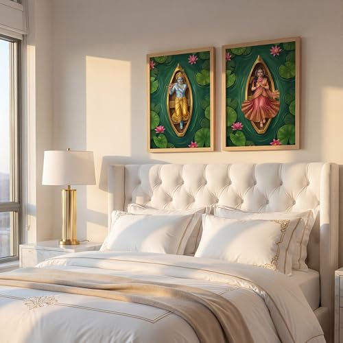 Image of Suneree Radha Krishna 3D Lotus Pond Wall Art Painting | Set of 2 Framed Paintings | Spiritual Indian Decor for Living Room Bedroom Pooja Room | (ART 9, 13x19 INCHES)