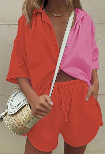 Image of Fixmatti Women 2 Piece Outfits Long Sleeve Button Down Blouse and Shorts Sweatsuit Sets