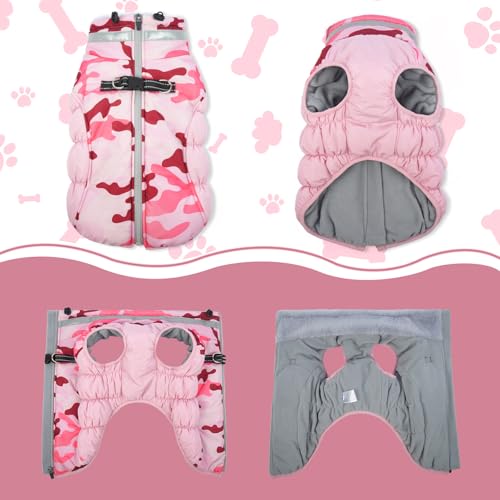 Image of Lelepet Dog Winter Coat Dog Coats for Large Dogs Waterproof Dogs Jacket | Reflective Cold Weather Coats with Harness Windproof Zip-Up Winter Fleece Vest Pet Snowsuit Boxer Pink Camo XL