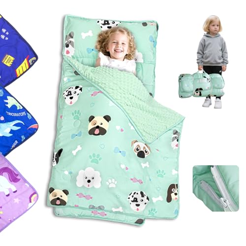 Beavtaens Toddler Nap Mat Ultra Large Thickened 55''x35'', Soft Sleeping Bag with Removable Cover Minky Blanket and Pillow, Portable for Daycare, Preschool, Travel, Boys and Girls(Dog)