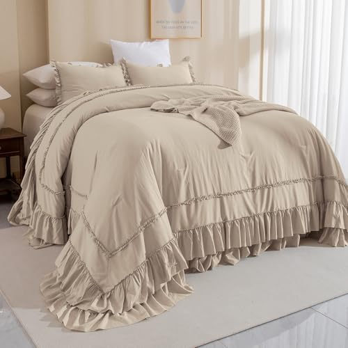 Masaca Ruffled Oversized King Comforter 120x98,Farmhouse Shabby Boho Chic Ruffle