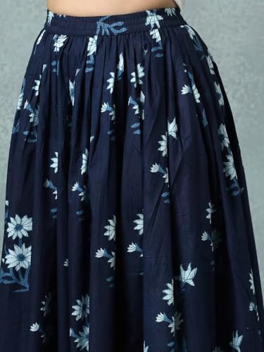 Image of Women's Floral Print Maxi Skirt, Maroon Red, 100% Pure Cotton, Elastic Waist, Full Length, Breathable Fabric