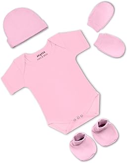 Pack of 4 New born Baby Essentials – Cotton Romper, Cap, Booties and Mittens Set for Baby Boy & Girl 0-3 Months Red Biowash