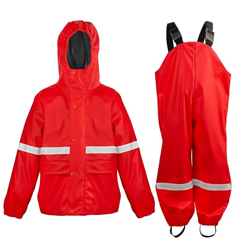 Kinder Regenanzug Jungen Mädchen - Wasserdichtes PU Regenjacke & Hose Winddicht Reflektoren Verstellbare Träger für Schule Kindergarten & Outdoor(Red 6-8)