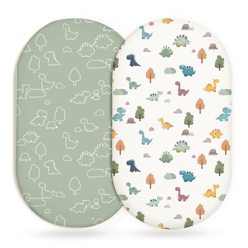 Image of Bassinet Sheets for Baby Girls Boys 2 Pack, Fitted Baby Mattress Sheet for Rectangle, Oval, Hourglass Bassinet Mattress, Breathable Cozy & Universal Fit (Sage Dino, Bassinet Sheet)
