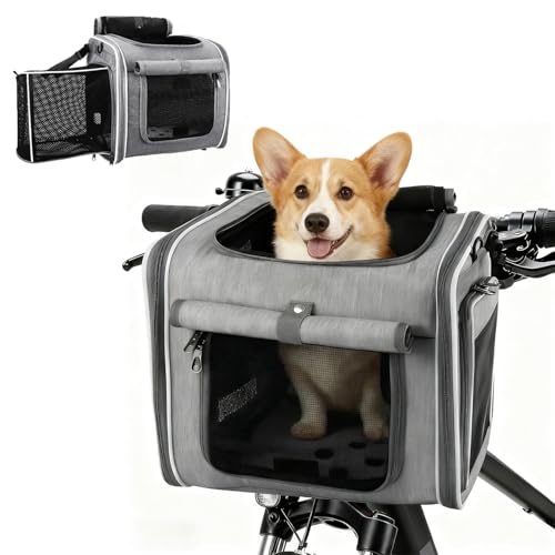 Cnwinu Hundefahrradkorb Vorne, Hundekorb Fahrrad Vorne mit 4-Offenen Türen,4-Mesh-Fenster, Erweiterbarer,Faltbarer Fahrradkörbe für Hunde, Fahrrad Hundekorb für Kleine und Mittelgroße Katzen und Hunde