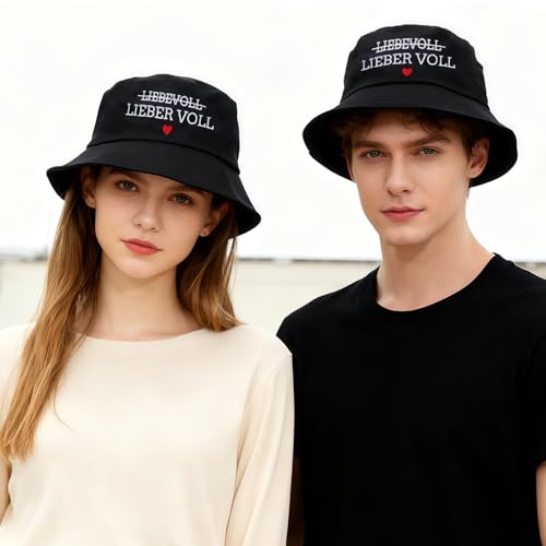 HUKUMA Fischerhut Damen, Anglerhut Herren, Lustige Hüte für Festival Accessoires, Schwarz Mallorca Sommerhut mit Spruch, Malle Bucket Hat Festivalhut für Herren Damen