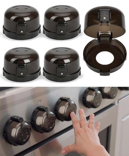 Bates- Stove Knob Safety Covers, Universal Size, 5 Pack, Black, Double Key Design, Heat Resistant Oven Knob Covers for Child Safety, Stove Guard Baby Proofing