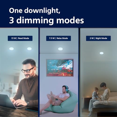 Image of Philips Ultra Glow Dimmable 15-watt Round Ceiling Light | 3 Dimming Mode (15W, 7.5W & 2W) Recessed LED Ceiling Light for Home & Hall | Cut Out: 6-inch, Colour: Cool Day Light, Pack of 4