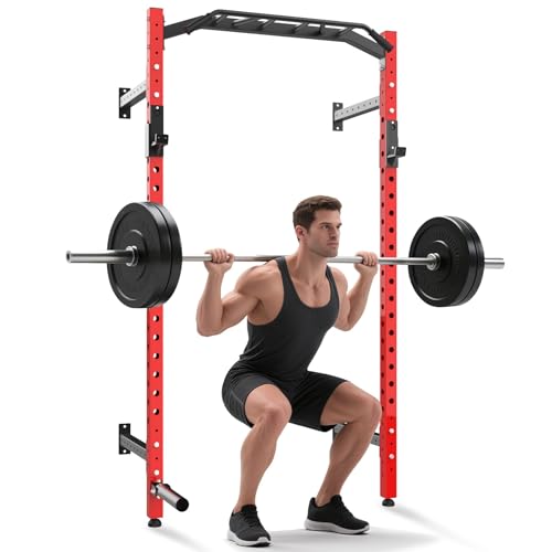 GAOMON Commercial Wall Mounted Squat Rack, Heavy Duty Carbon Steel Home Gym Equipment with Multi-Grip Pull Up Bar, j-Cups & Landmine Attachment for Home and Garage Gym, Red