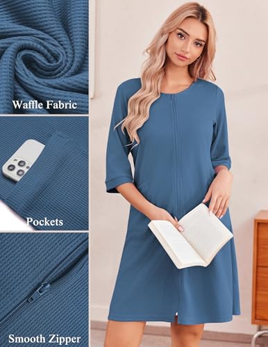 Image of Ekouaer Zip Up Robes for Women Short Waffle Bathrobe Lightweight house coat 3 /4 Sleeve Soft Nightgown with Pockets S-3XL