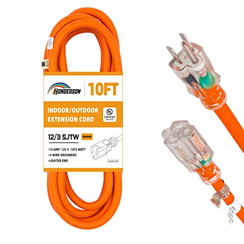 HONDERSON Cable de extensión para exteriores iluminado de 10 pies, 12/3 – Calibre 12 3 clavijas SJTW resistente cable de extensión naranja con enchufe de 3 clavijas para mayor seguridad, listado UL