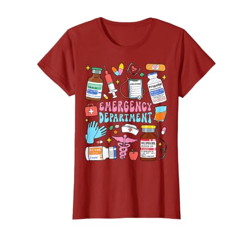 Retro Emergency Department Emergency Room ER ED Nurse Tech T-Shirt, Women, Cranberry Red, Medium