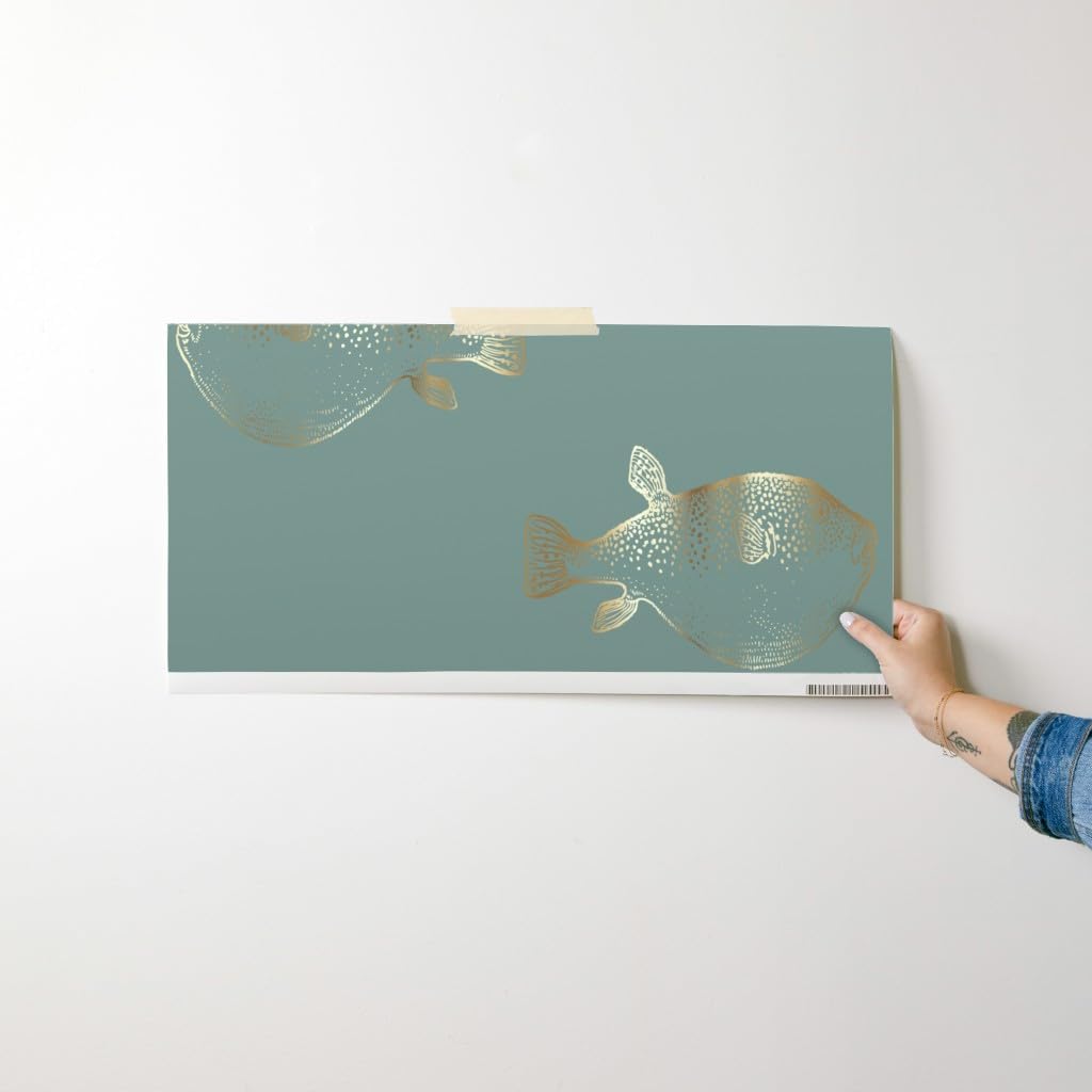 Peel & Stick Wallpaper Swatch - Gold Fish Blowfish Green Blue Pufferfish Custom Removable Wallpaper by Spoonflower