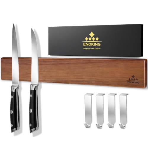 Magnetic Knife Holder for Wall, 16 Inch Acacia Wood Knife Strip, 4 Hooks