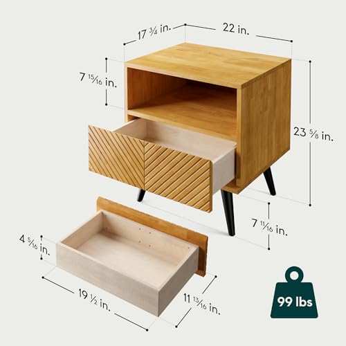 Image of Bme Rhombus Wooden Nightstand with Storage Drawer - Solid Rubber Wood, Geometric Rhombus Pattern Front, Modern Scandinavian Side Table with Metal Base for Bedroom
