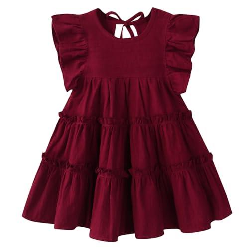 Goodplayer Toddler Baby Girl Dress Summer Cotton Linen Ruffle Halter Sleeveless Kids Casual Beach Party Dresses 1-6 Years (Wine Red Dress 12_Months)