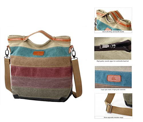WSLCN Bolsa de Ombro Feminina Listrada de Lona Bolsa Casual da Moda Sacos Sacola Arco Iris